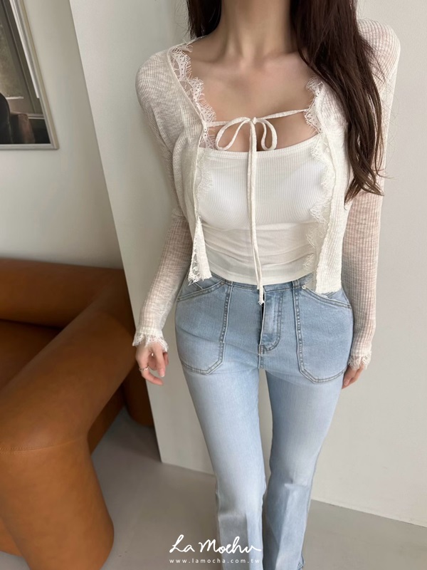 蕾絲滾邊綁繩微透罩衫(花花清單)